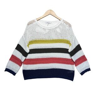 Three Dots Striped Crochet Knit Sweater Pullover Multicolor Size L Lightweight